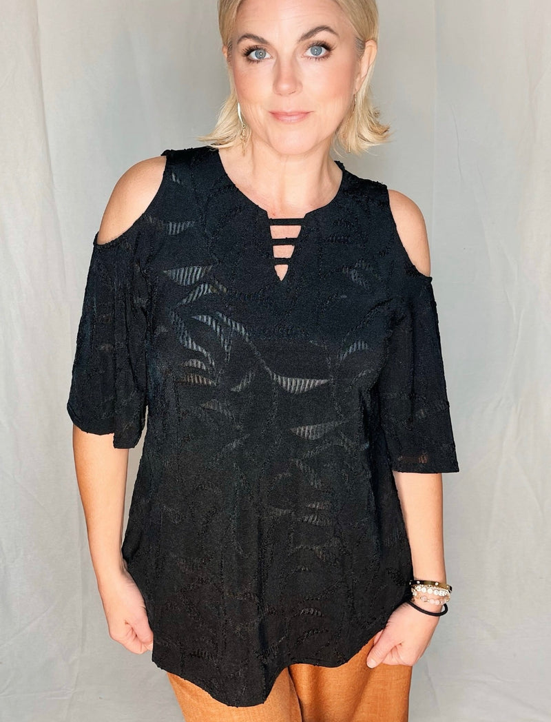 Cold Shoulder Textured Top - Black