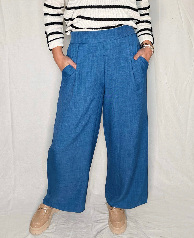 Front Pleat Wide Leg Pant - Denim