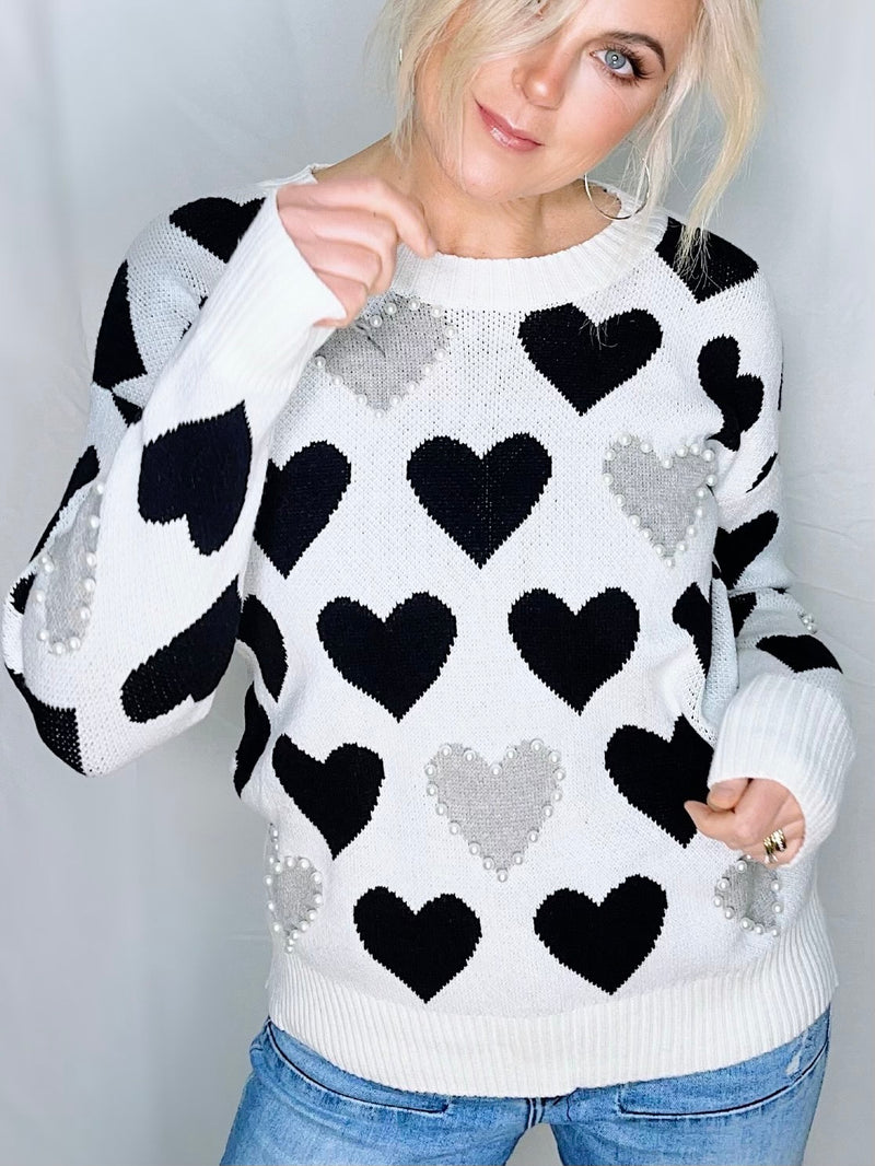 Pearled Heart Detail Sweater - Cream