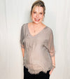 V-Neck Silky Sleeve Top - Stone Grey