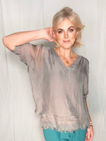 V-Neck Silky Sleeve Top - Stone Grey