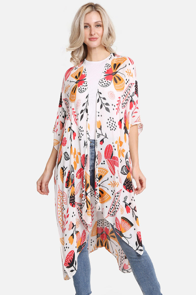 Butterfly Floral Print Kimono - White Multi