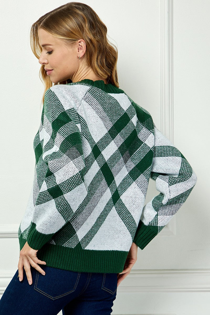 Jacquard Plaid Sweater - Green/White