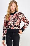 Contrast Accent Flower Jacquard Sweater - Black