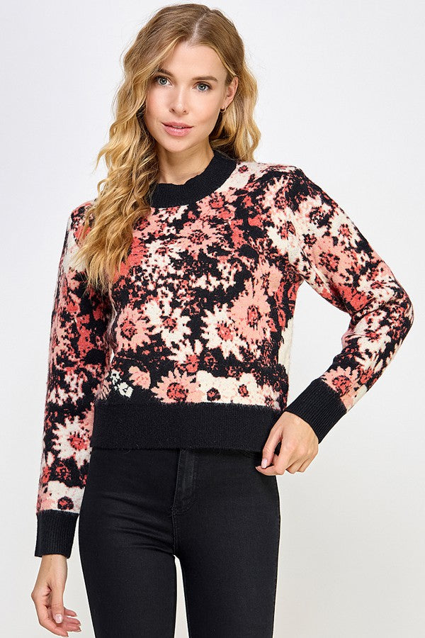 Contrast Accent Flower Jacquard Sweater - Black
