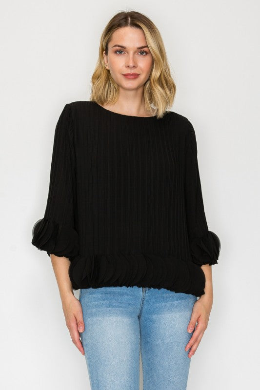 Joanna Pleated Accent Top - Black