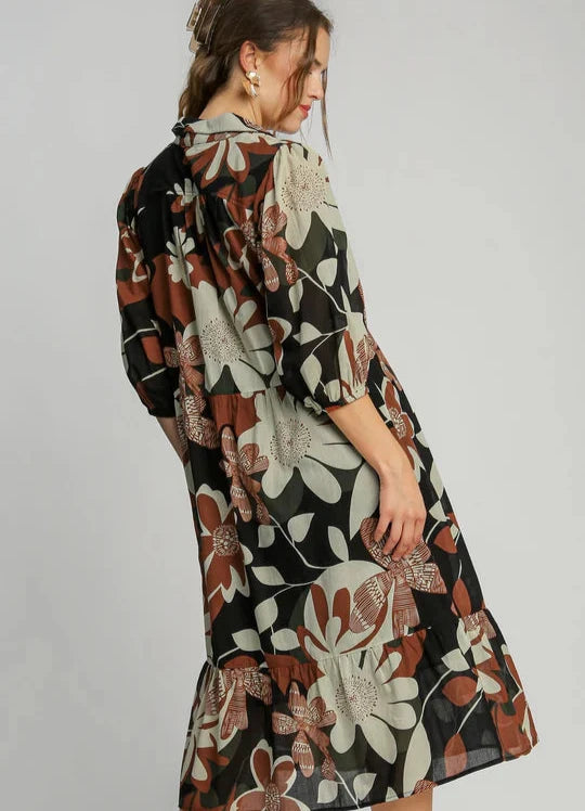 Abstract Floral Tiered Midi Dress - Rust