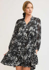 Collared V-Neck Floral Print Dress - Black