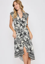 Tropical Print Button Down Dress - Off White/Blk