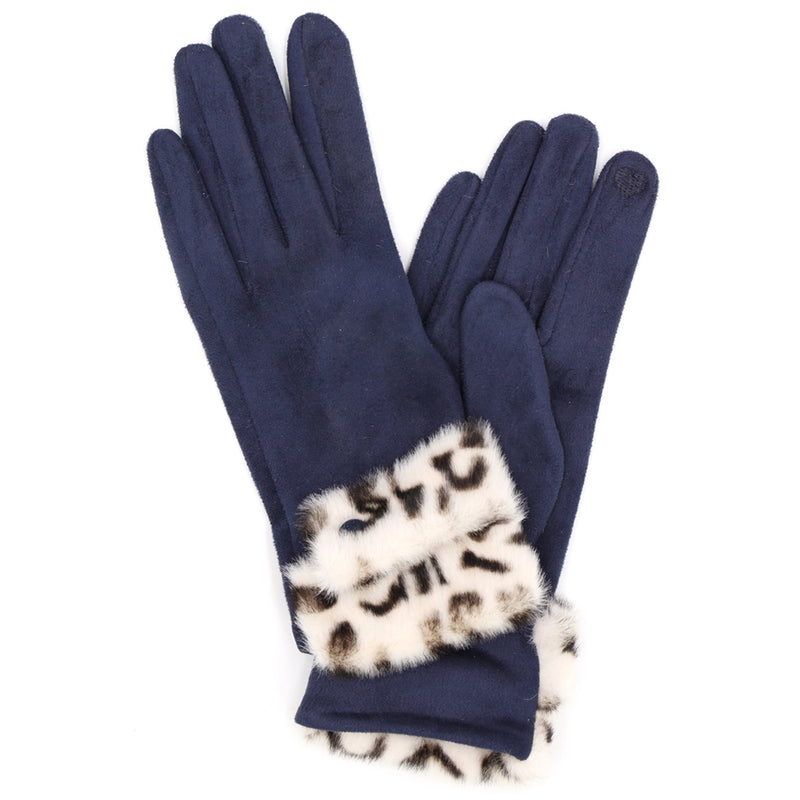 Leopard Faux Fur Cuff Glove - Navy