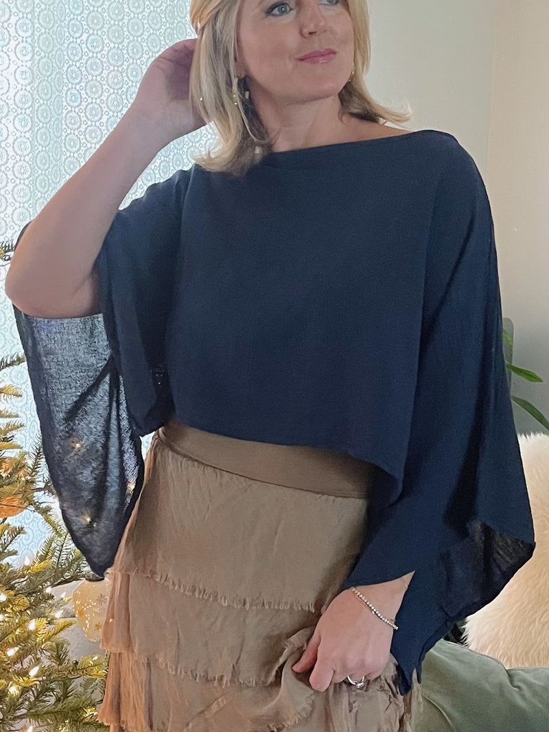 Linen Wide Sleeve Crop Top - Navy