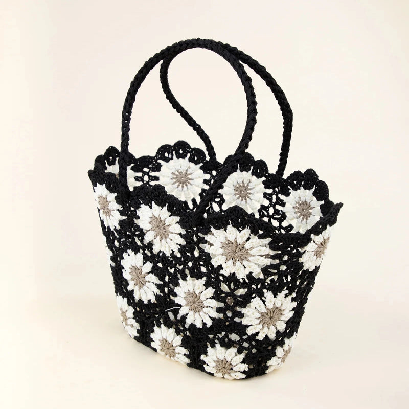 Hand Knitted Crochet Daisy Tote - Black