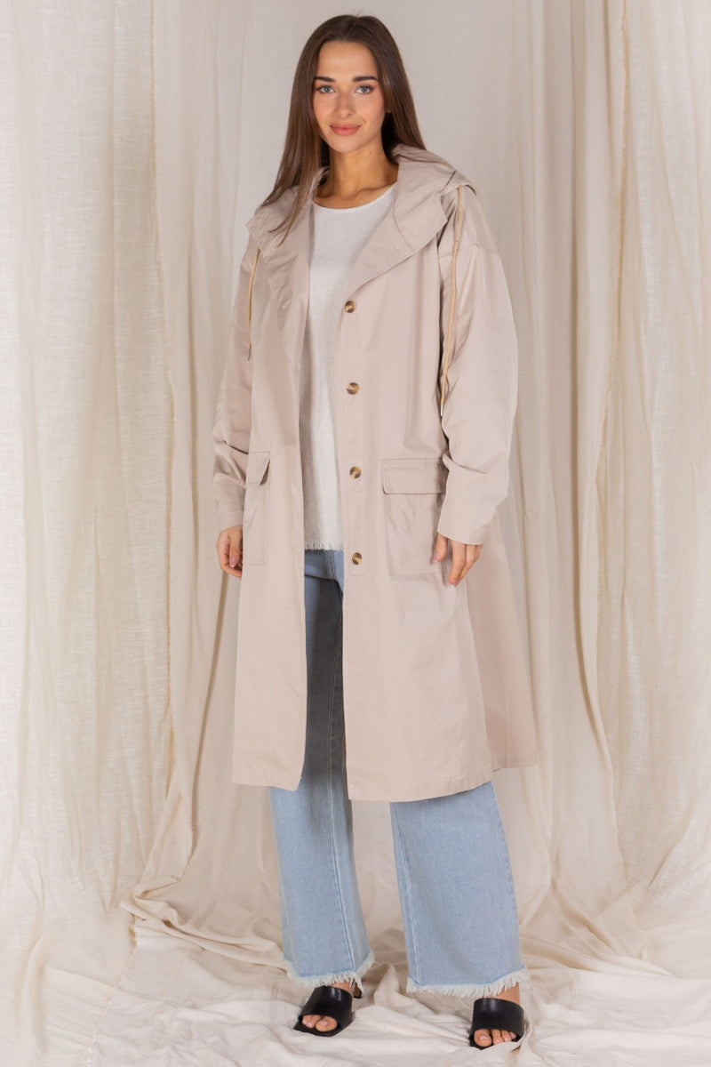 Midi Length Hooded Jacket - Beige