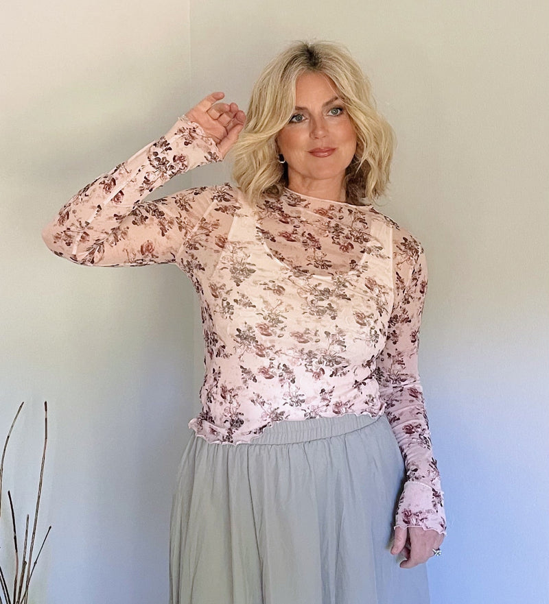 Mini Roses Mesh Long Sleeve Top - Rose
