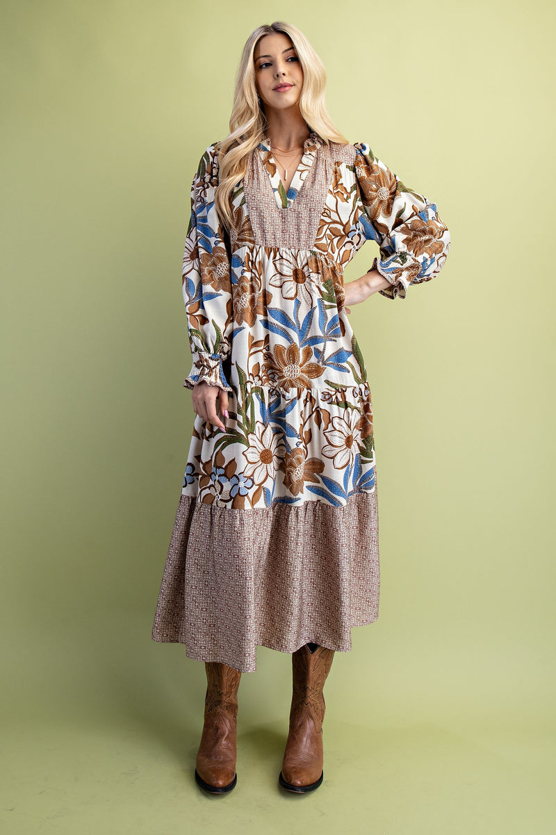 Mixed Print Tiered Midi Dress - Walnut
