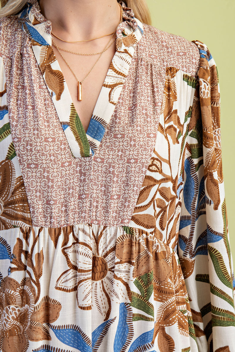 Mixed Print Tiered Midi Dress - Walnut