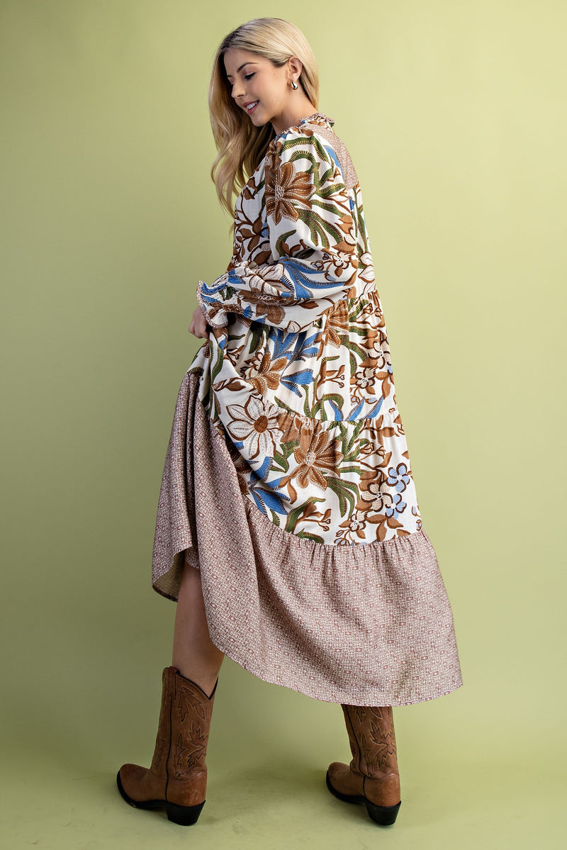Mixed Print Tiered Midi Dress - Walnut