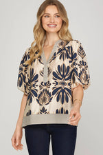 Bubble Sleeve Motif Top - Navy