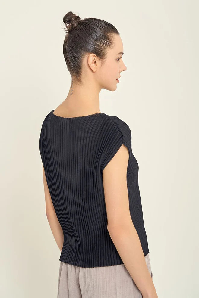 Pleated Boatneck Top - Black