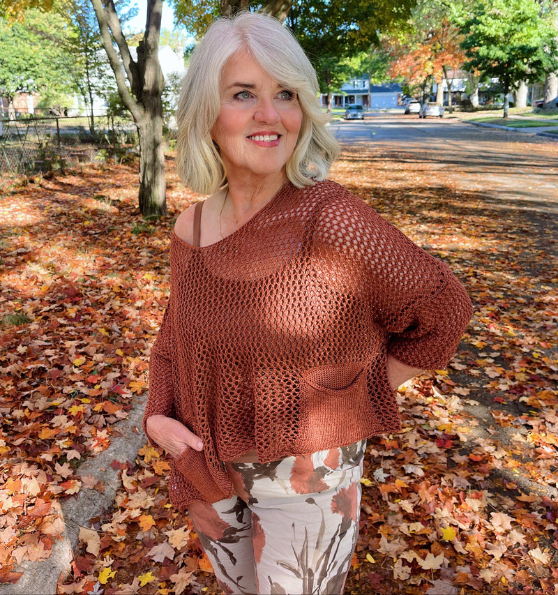 Open Knit Pocket Top - Rust