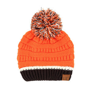 Pom Beanie Knit Hat - Orange/Black