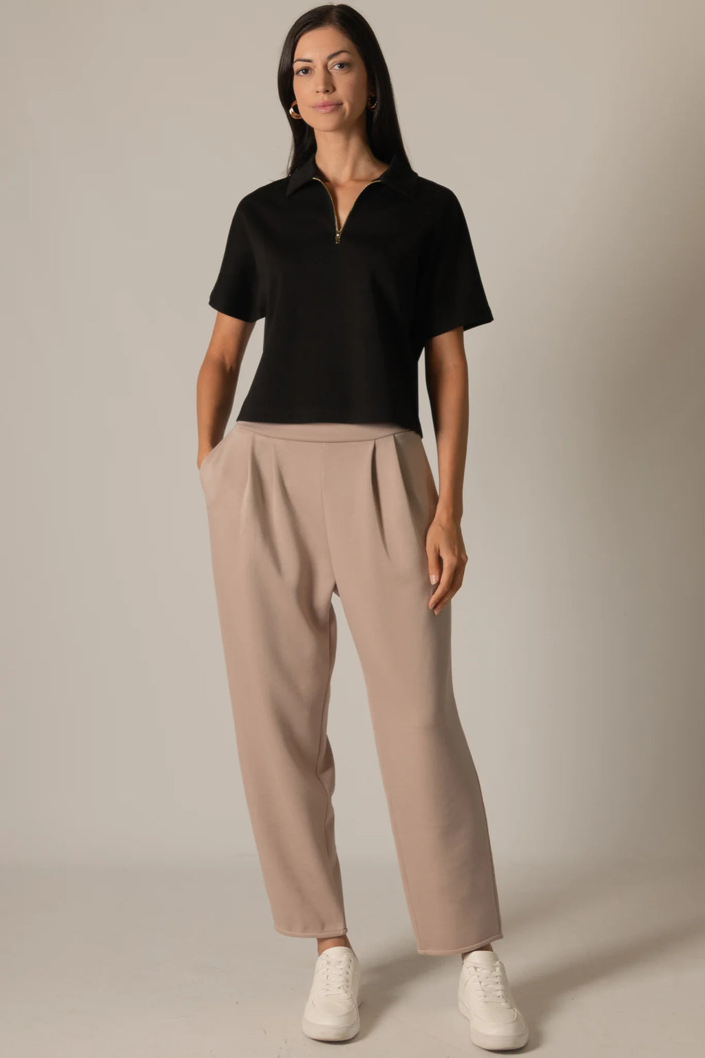 Modal Short Sleeve Quarter Zip Top - Black
