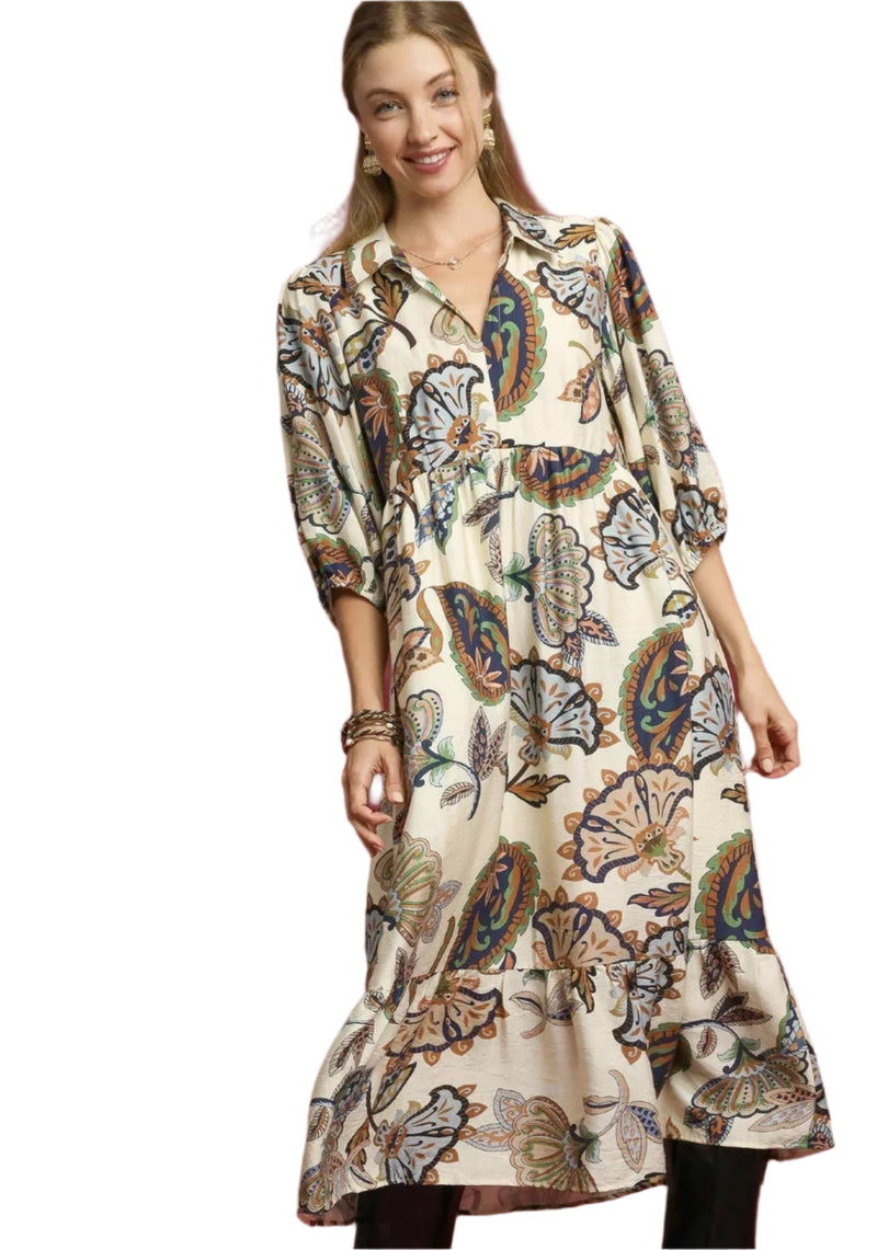 Paisley Print Cinched Waist Dress - Cream