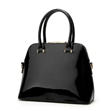 Glossy Solid Patent Leather Handbag - Black