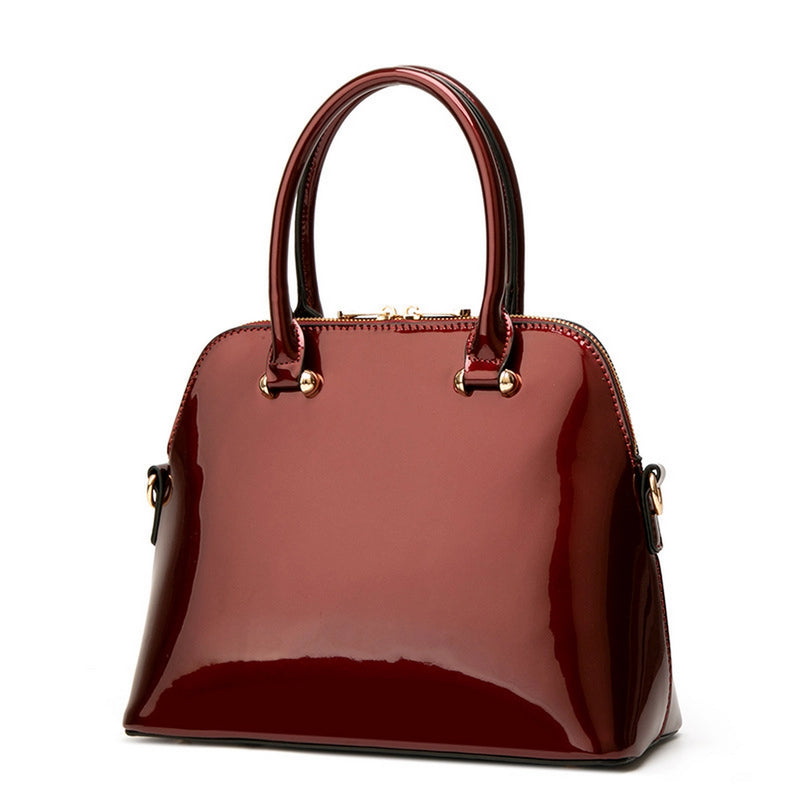 Glossy Solid Patent Leather Handbag - Wine