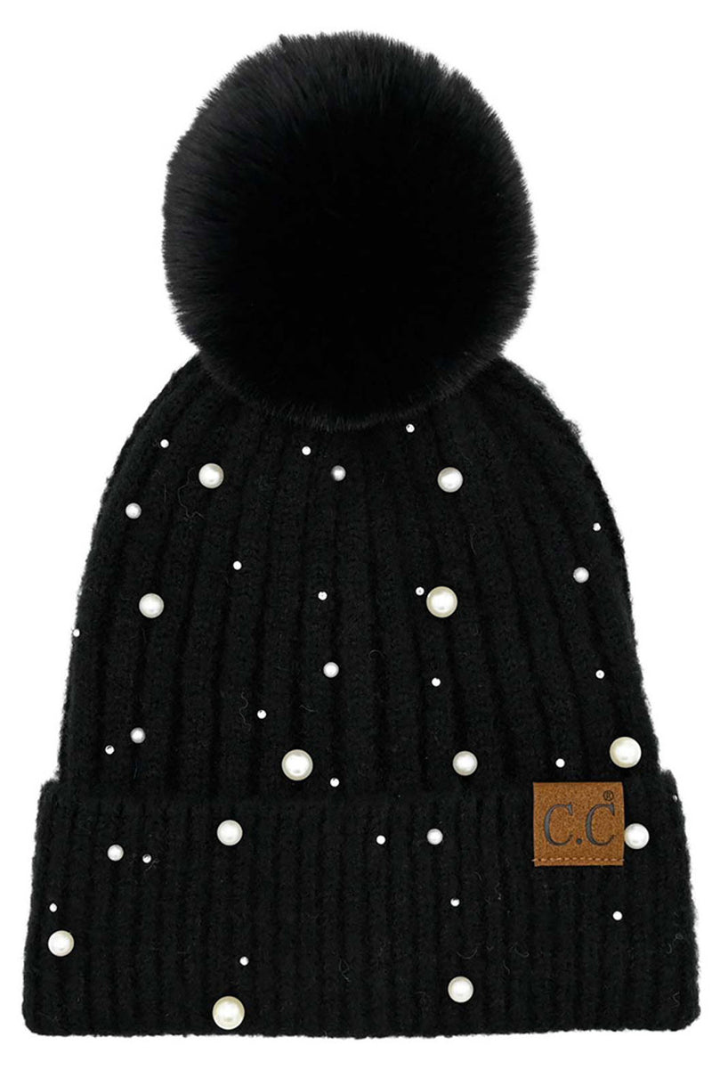 Pom Beanie Pearl Knit Hat - Black