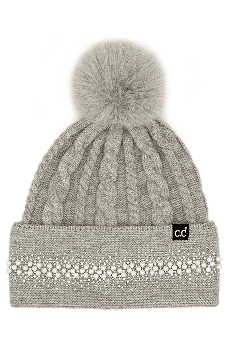 Pom Pearl Rhinestone Knit Hat - Lt. Grey