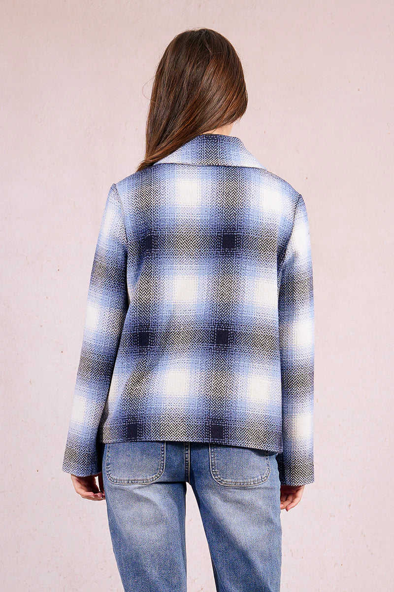 Plaid Short Button Coat - Blue