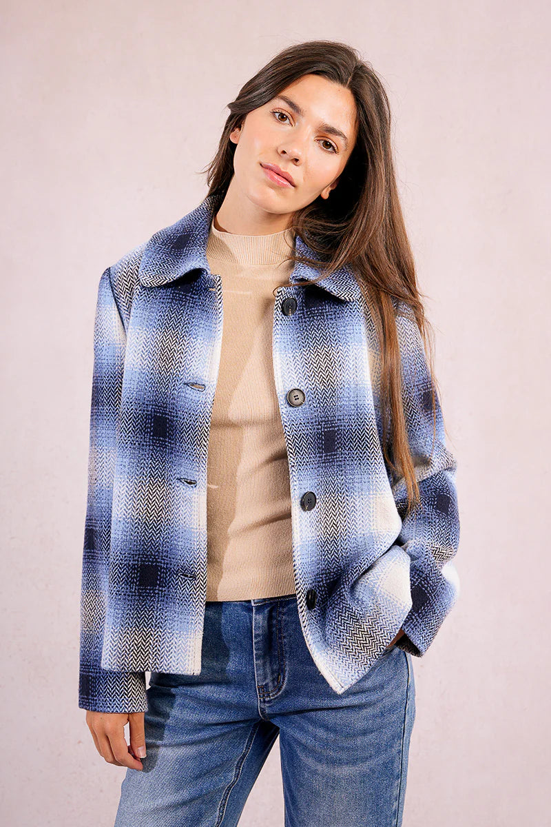 Plaid Short Button Coat - Blue