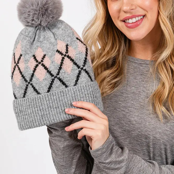 Pom Argyle Pattern Knit Hat - Grey