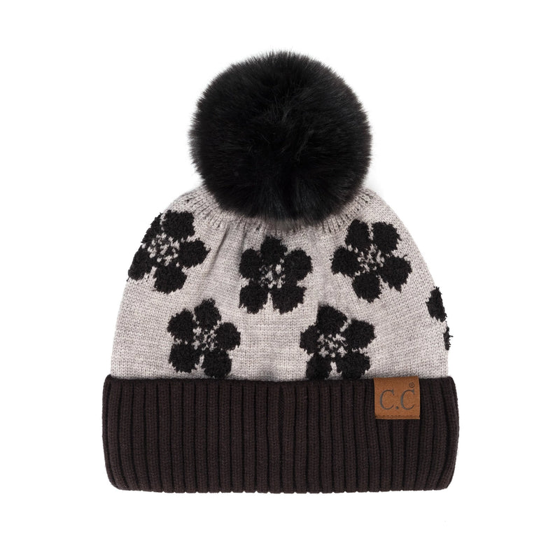 Pom Daisy Pattern Knit Hat - Blk/Grey