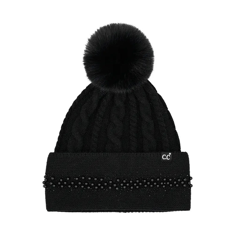 Pom Pearl Rhinestone Knit Hat - Black