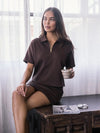 Modal Short Sleeve Quarter Zip Top - Cocoa