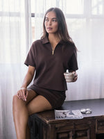 Modal Short Sleeve Quarter Zip Top - Cocoa