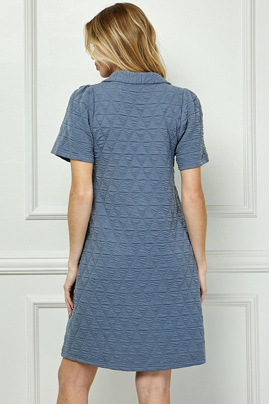 Quilted Texture Collar Dress - Dusty Blue