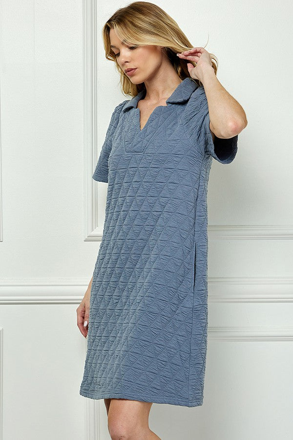 Quilted Texture Collar Dress - Dusty Blue