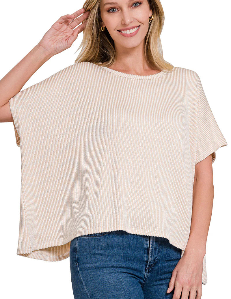 Oversized Ribbed Short Sleeve Top - Sand Beige
