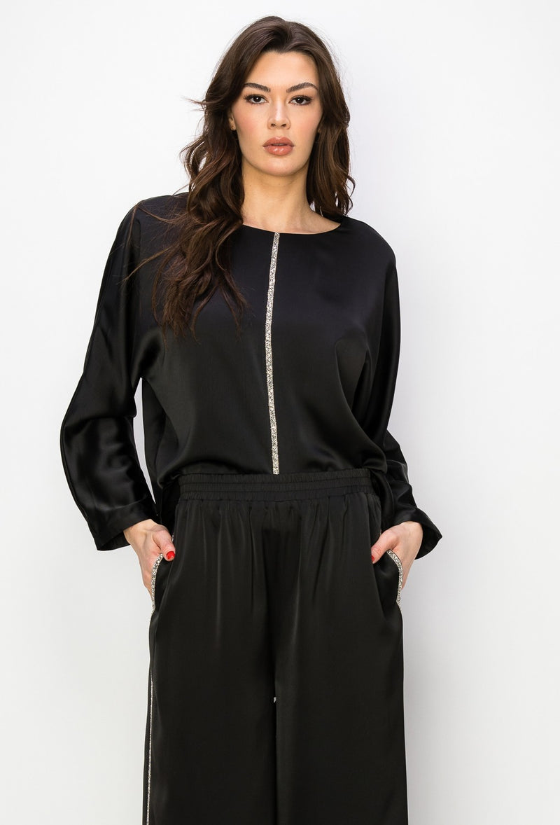 Rhinestone Trim Satin Top - Black