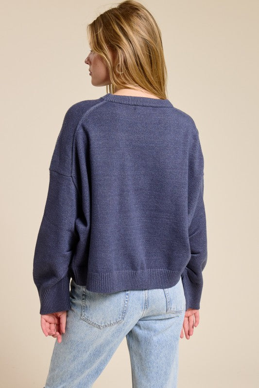 Ruched Sleeve Crewneck Sweater - Blue