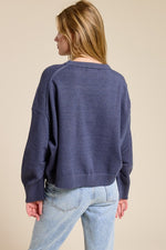Ruched Sleeve Crewneck Sweater - Blue