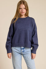 Ruched Sleeve Crewneck Sweater - Blue