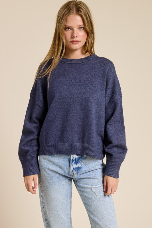 Ruched Sleeve Crewneck Sweater - Blue