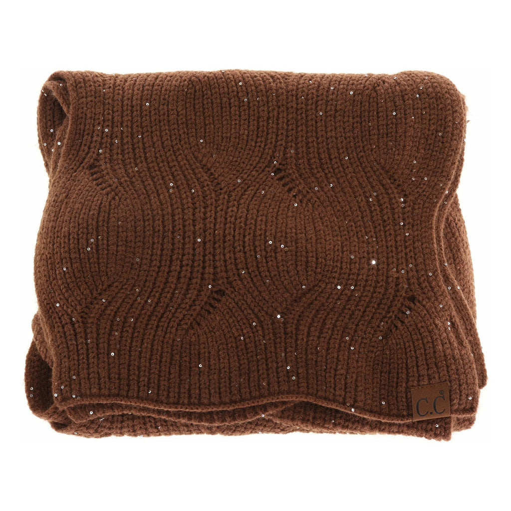 Sequin Brioche Cable Knit Scarf - Coffee