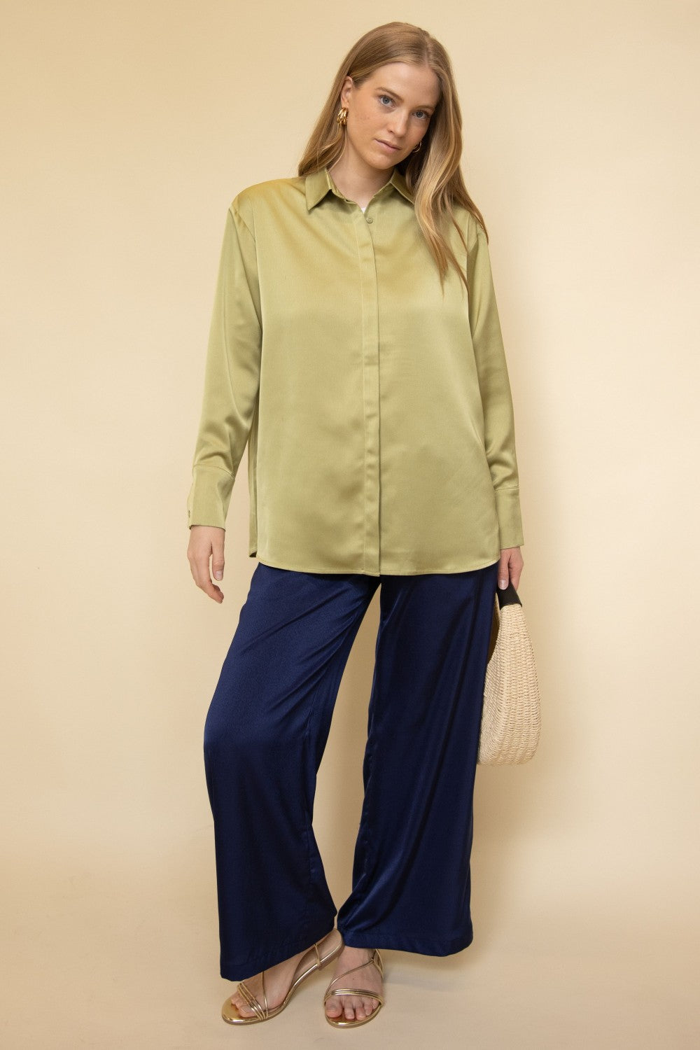 Satin Wide Leg Pant - Navy