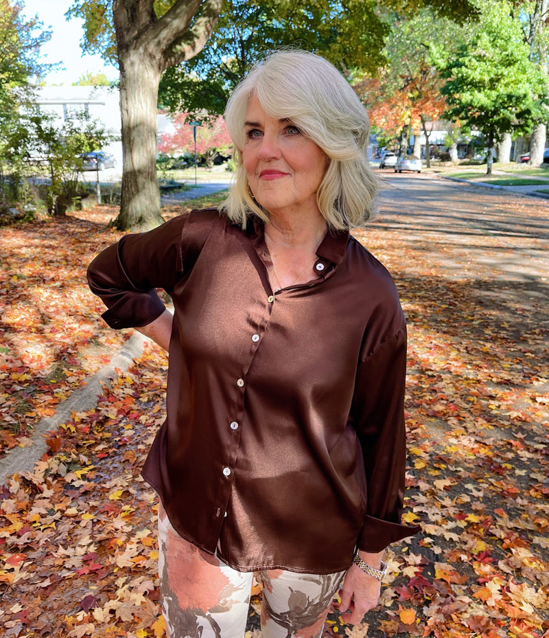 Satin Button Up Top - Brown