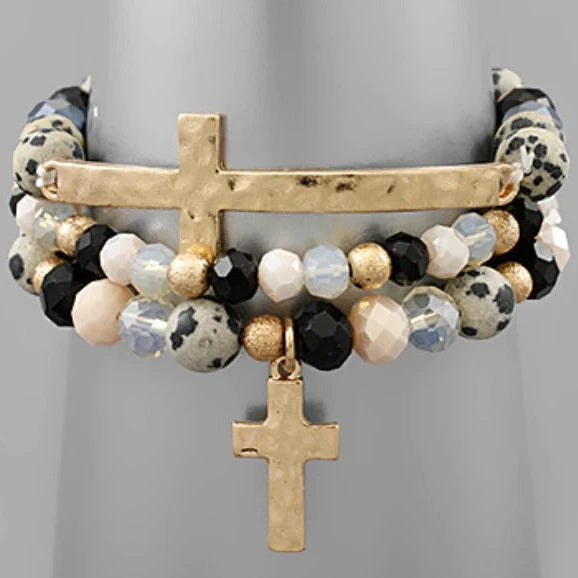 Beaded Stretch Cross Bracelet - Black